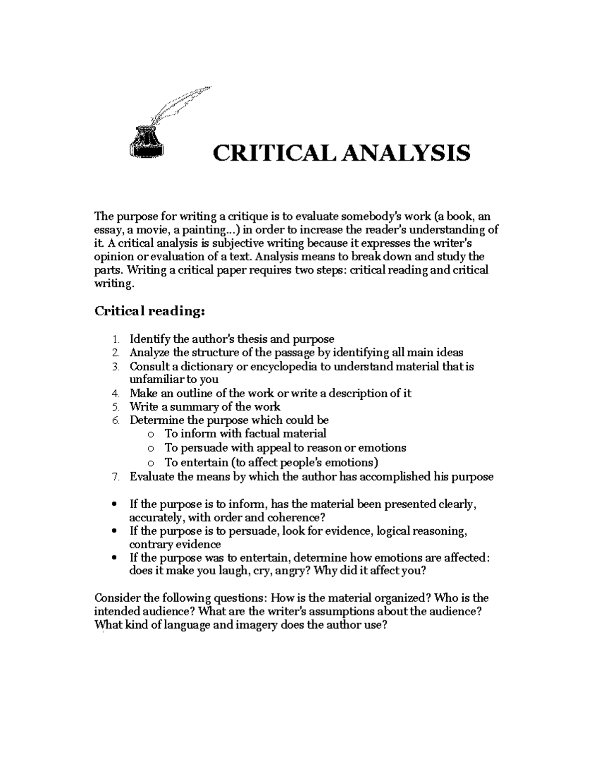 Critical Analysis - agagas - CRITICAL ANALYSIS The purpose for writing ...