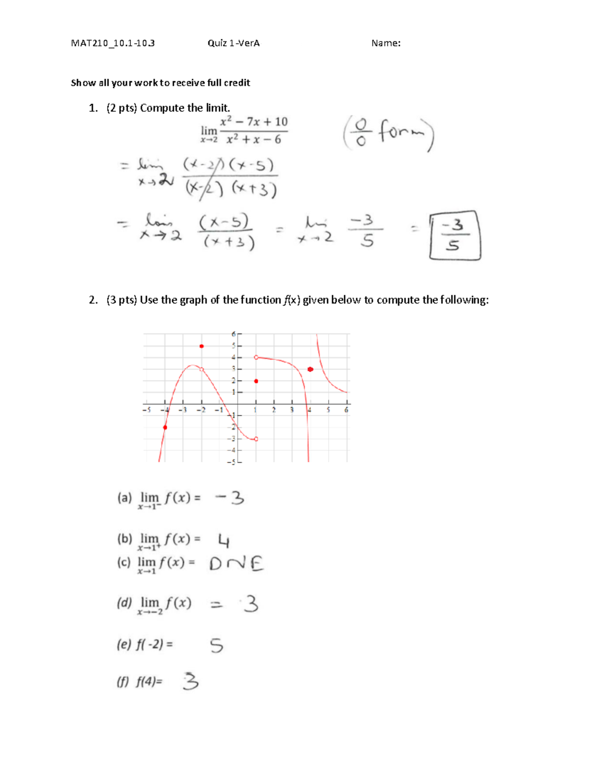 Quiz+1-Var+A key - Calculus quiz answer key - MAT210_10.1-10 Quiz 1 ...