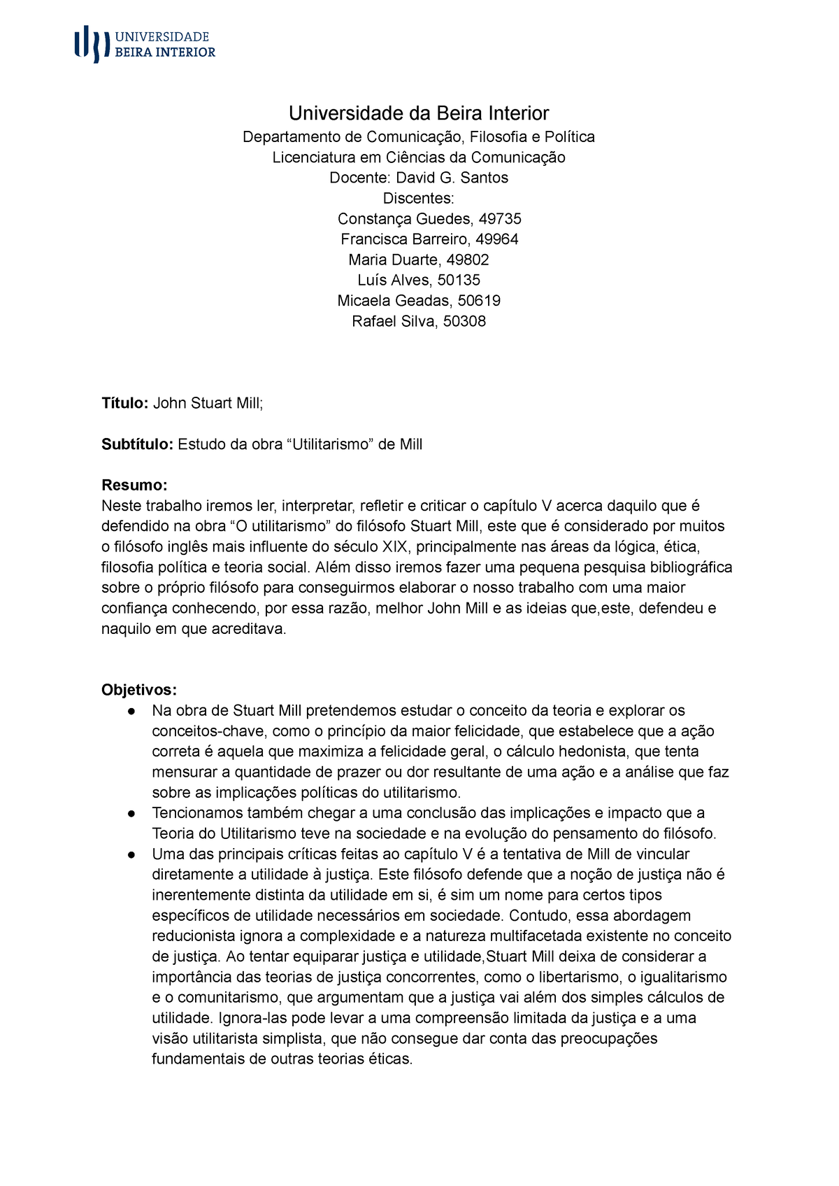 Utilitarismo De Stuart Mill Universidade Da Beira Interior Departamento De Comunicação 4300