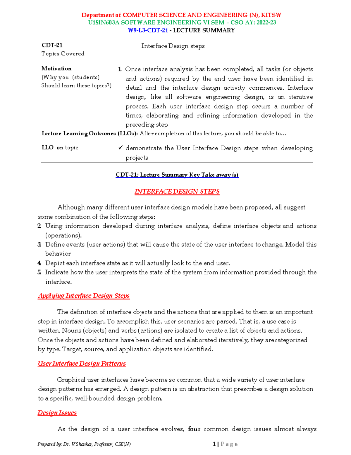 Interface Design steps U18IN603A SOFTWARE ENGINEERING VI SEM CSO AY