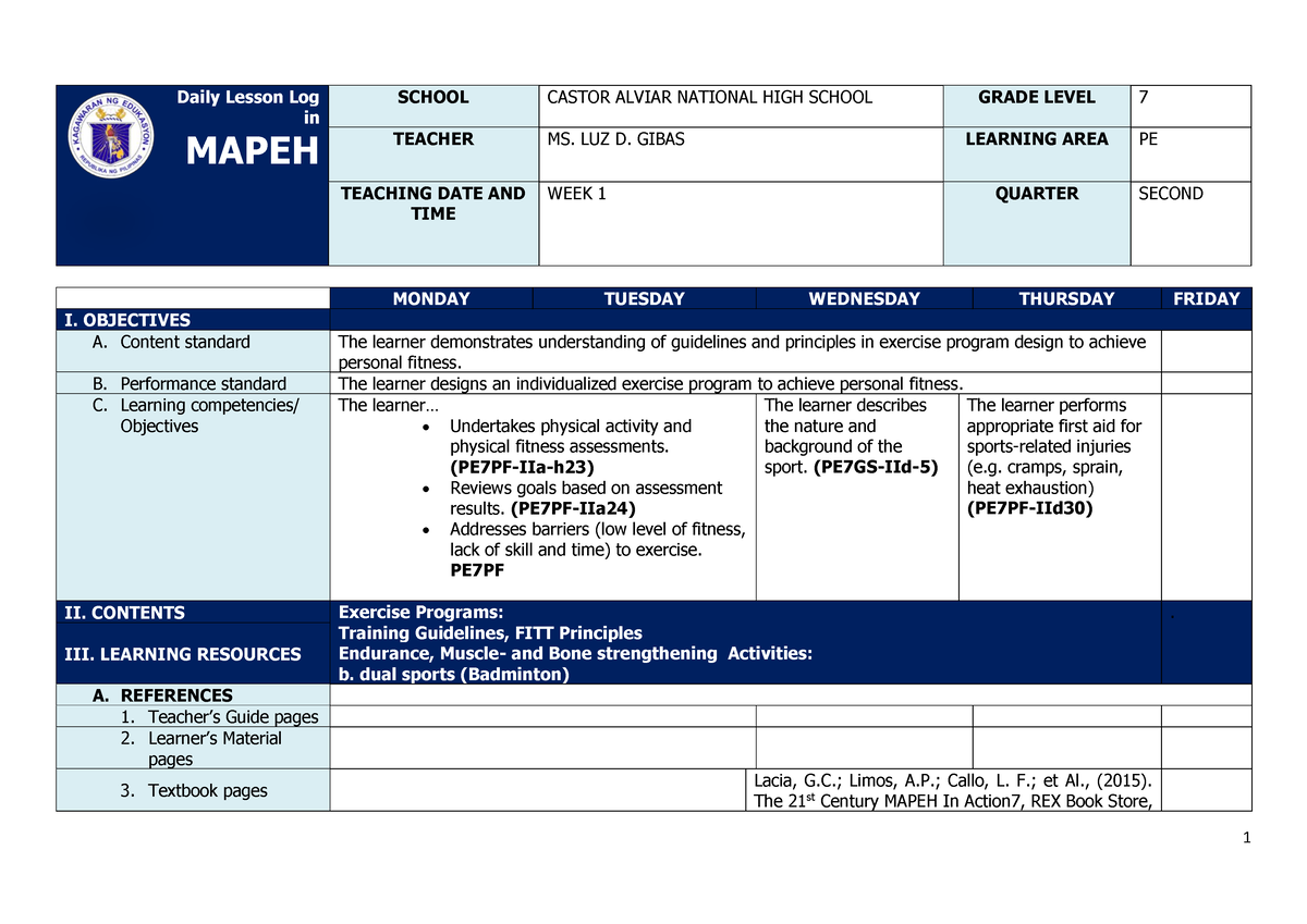 Q2 Grade 7 PE DLL Week 1 - Daily Lesson Log - MONDAY TUESDAY WEDNESDAY ...