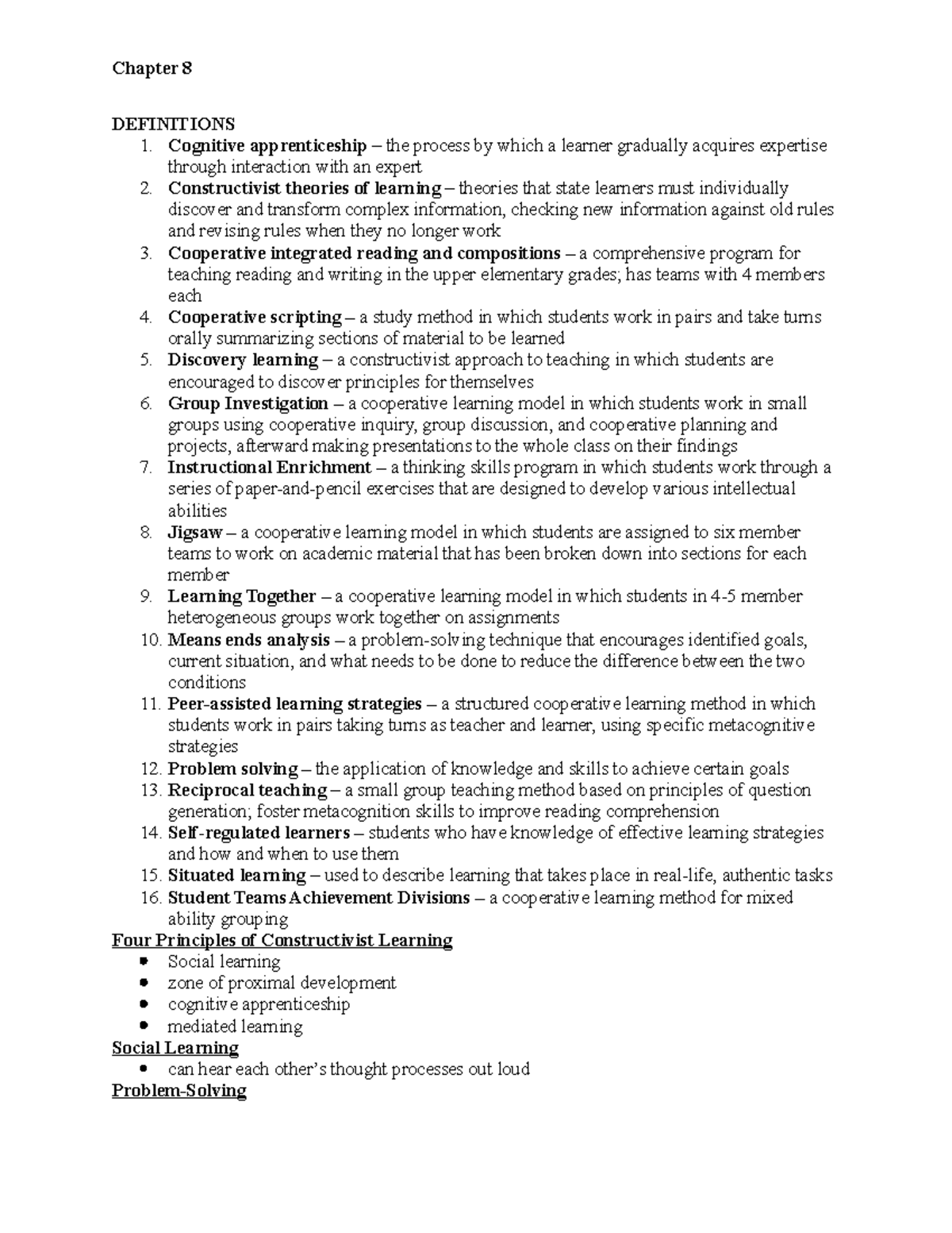 Chapter8notes!! - Chapter 8 DEFINITIONS 1. Cognitive apprenticeship the ...