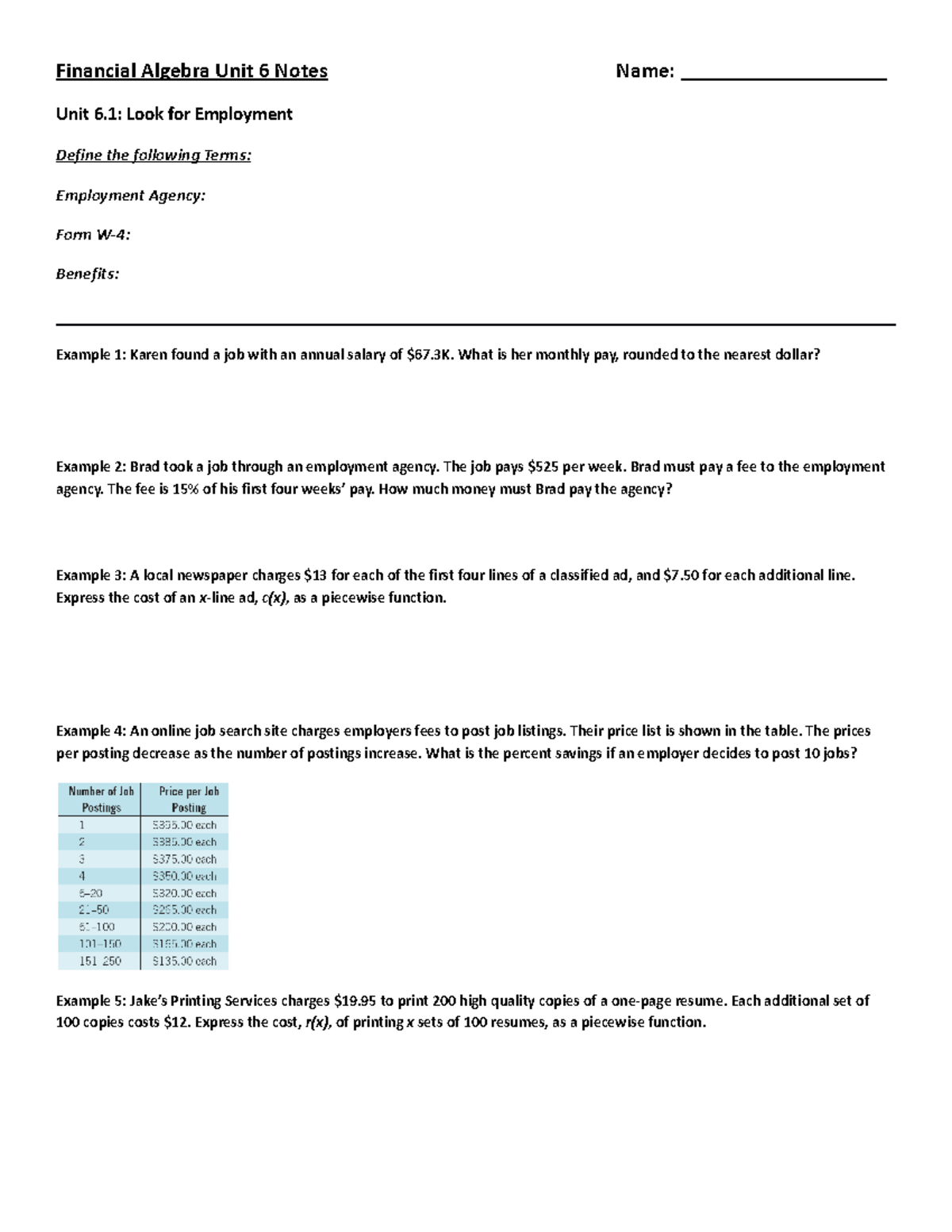 Unit 6 Notes Financial Algebra - Financial Algebra Unit 6 Notes Name