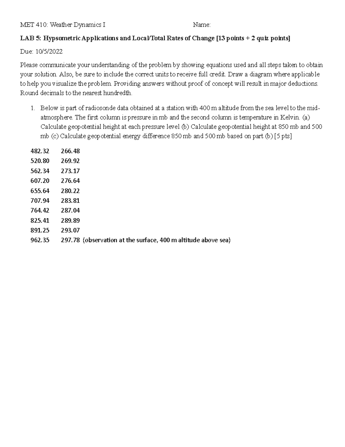 Met 410 Lab 5 2022 - Ytrytr - MET 410: Weather Dynamics I Name: LAB 5 ...