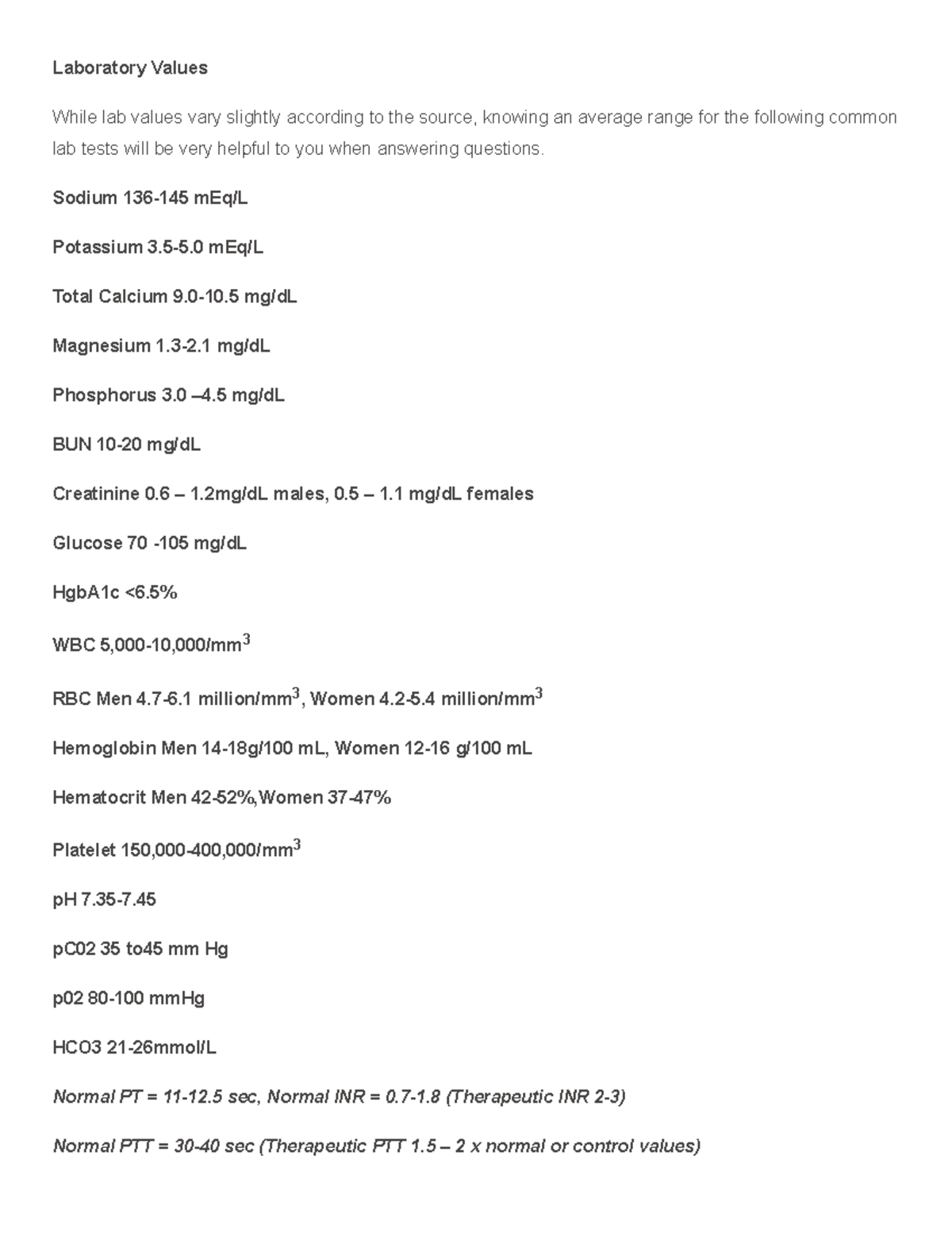 ATI Capstone lab values - Laboratory Values While lab values vary ...