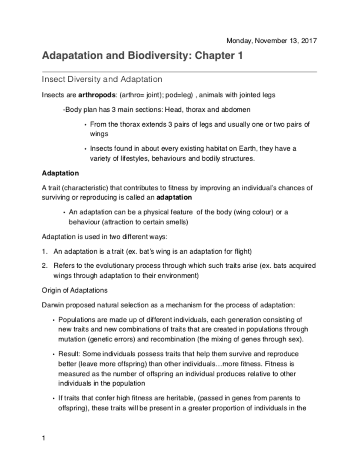 Adaptation and Biodiversity: Chapter 1 - Monday, November 13. 2017 ...