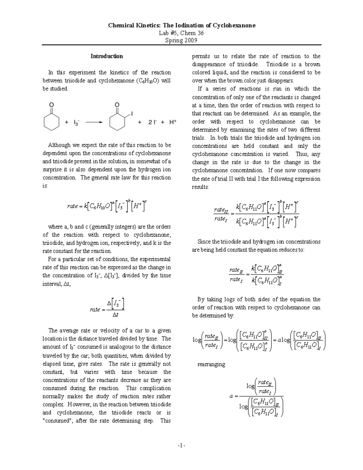 Lab 5-iodination of cyclohexanone - Lab #5, Chem 36 Spring 2009 ...