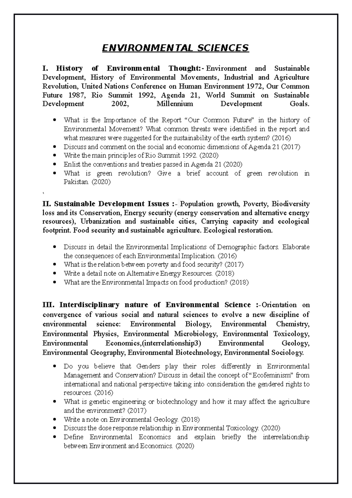 Environmental Sciences Study Plan ENVIRONMENTAL SCIENCES I. History