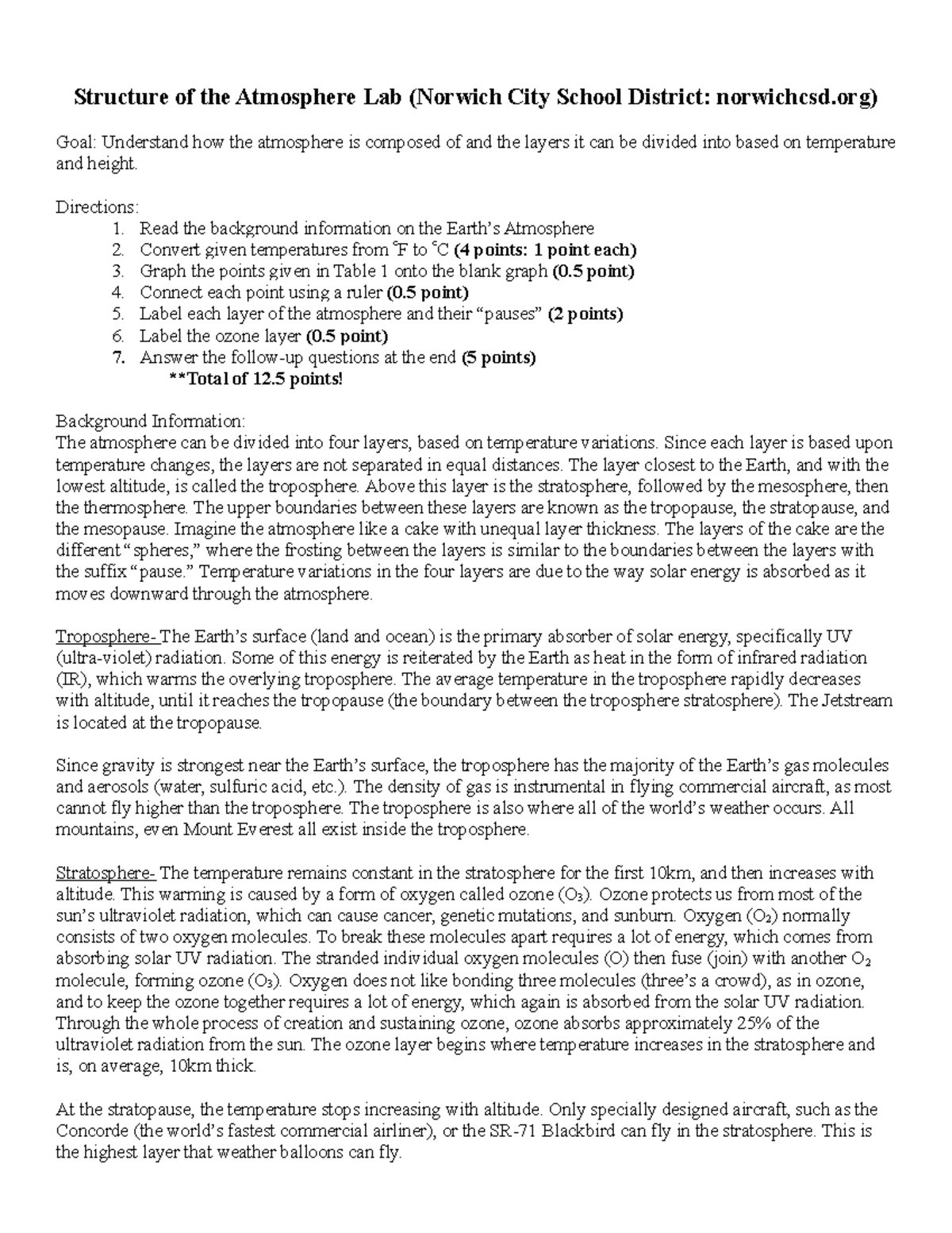 Layers of the Atmosphere Structure of the Atmosphere Lab (Norwich