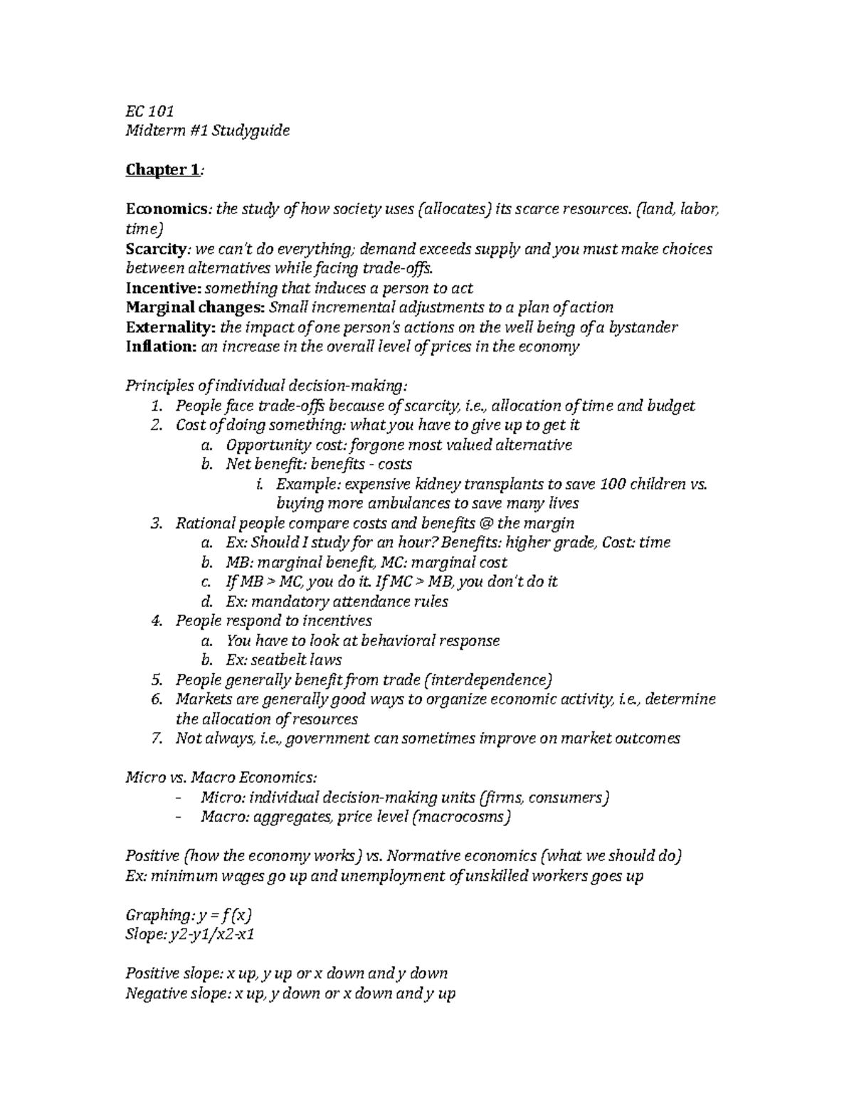 ECON EC 101 Midterm 1 Studyguide - EC 101 Midterm #1 Studyguide Chapter ...