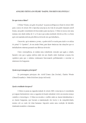 Fhtmss I Análise Crítica 1 - ANÁLISE CRÍTICA DO FILME “DAENS, UM GRITO DE  JUSTIÇA”. Do que trata o - Studocu