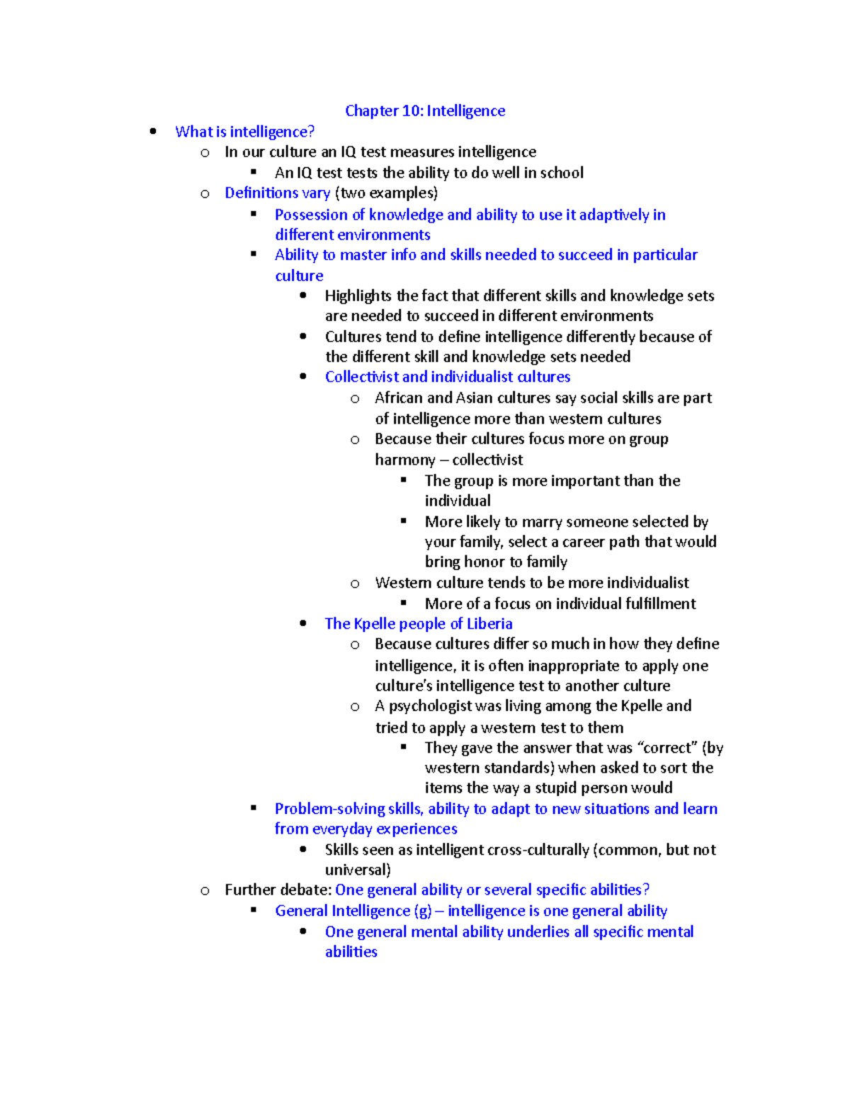 Chapter 10: Intelligence notes - Chapter 10: Intelligence  What is  intelligence? o In our culture - StuDocu