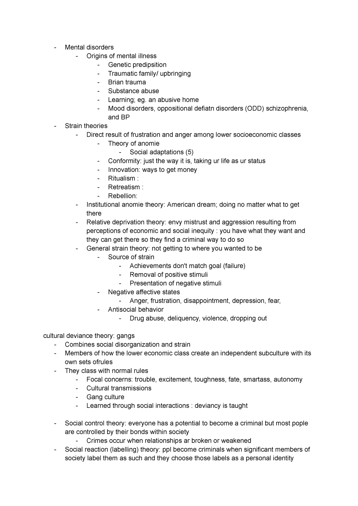 Crim 1 notes - crim 101 - Mental disorders Origins of mental illness ...