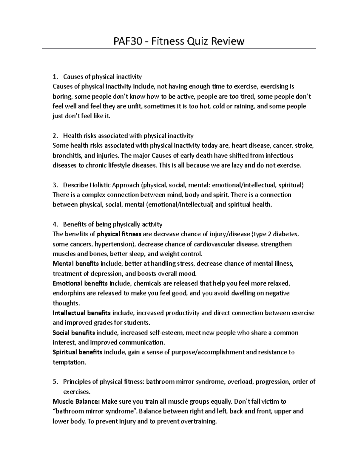 Fitness Review PAF30 Fitness Quiz Review Causes of physical