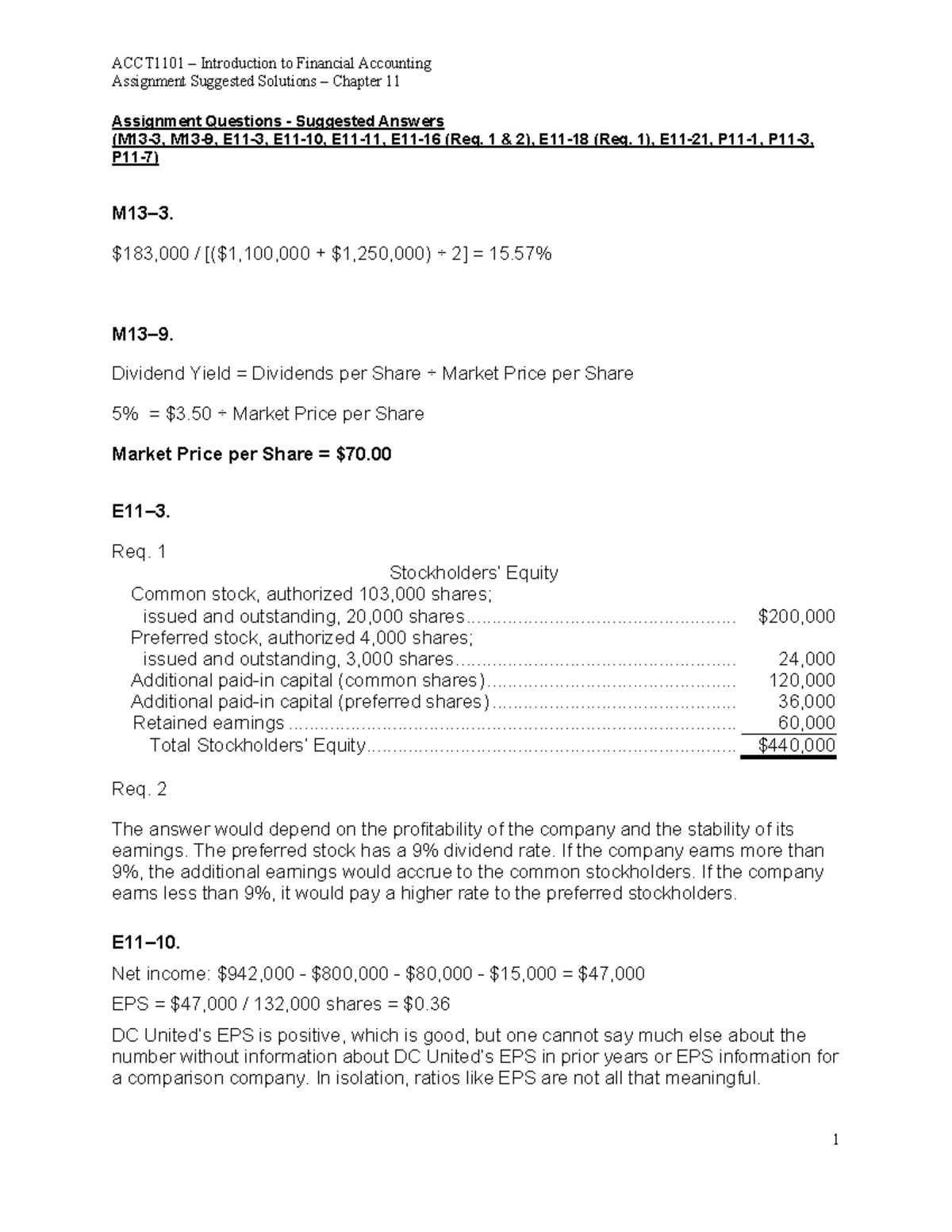 ACCT1101 Solution Chapter 11 - Assignment Suggested Solutions – Chapter ...