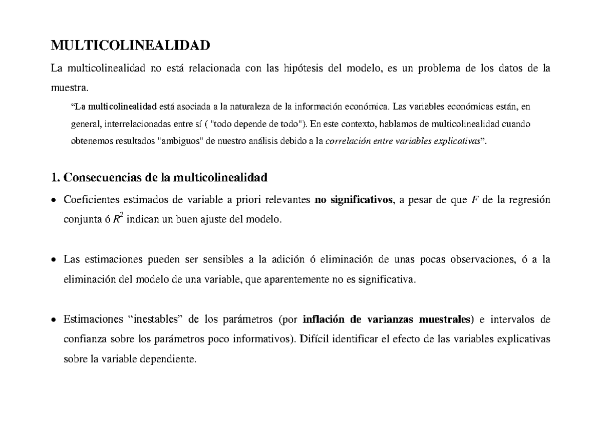 Leccion 3 1c - Lección 3 1c - MULTICOLINEALIDAD La multicolinealidad no ...