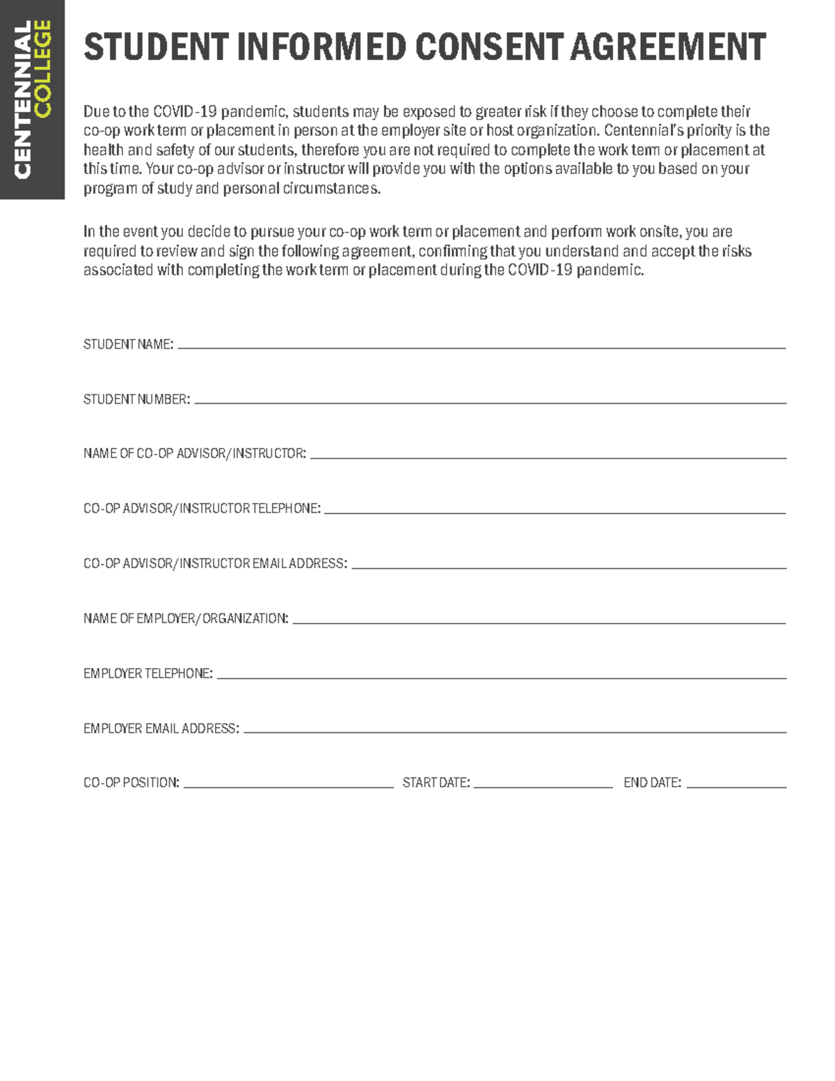 Covid-19 Student Informed Consent Agreement Fillable Form - STUDENT ...
