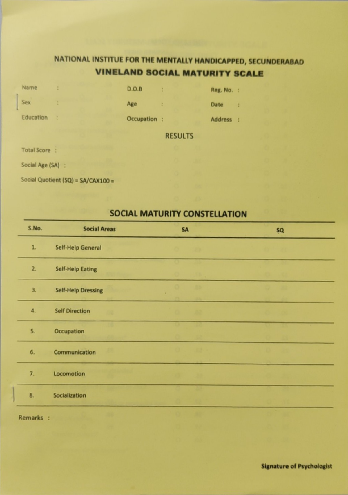 Vineland social mturity scale - NATIONAL INSTITUE FOR THE MENTALLY ...