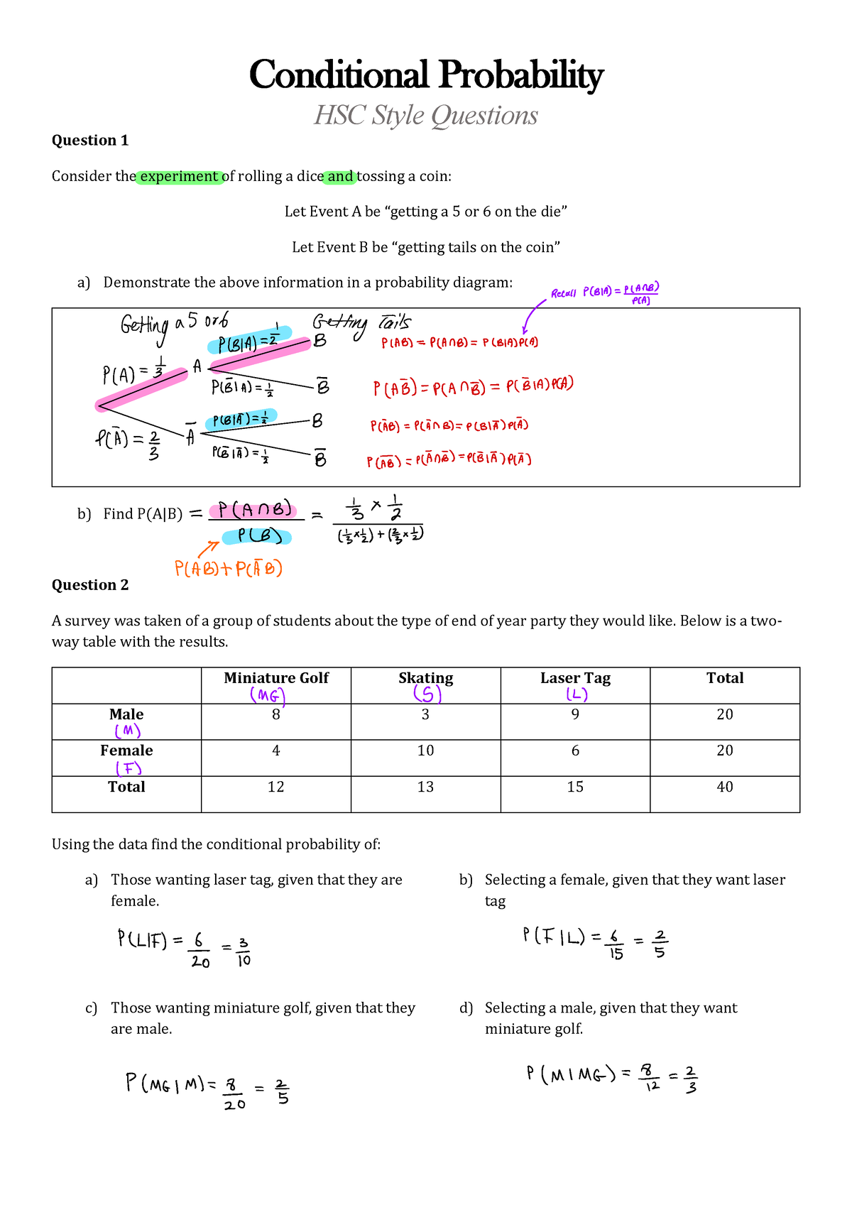 HSC Conditional Probability Solutions - Conditional Probability HSC ...