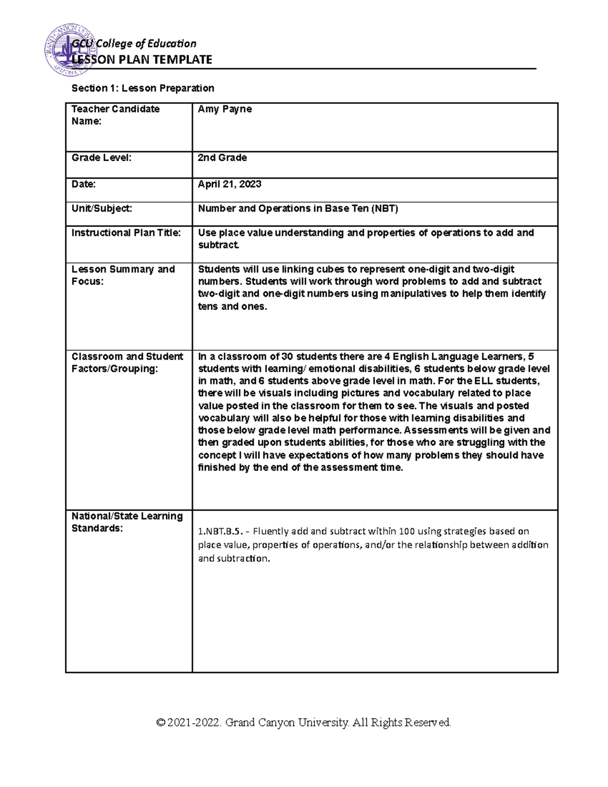 Number and Operations in Base Ten Lesson Plan - Studocu