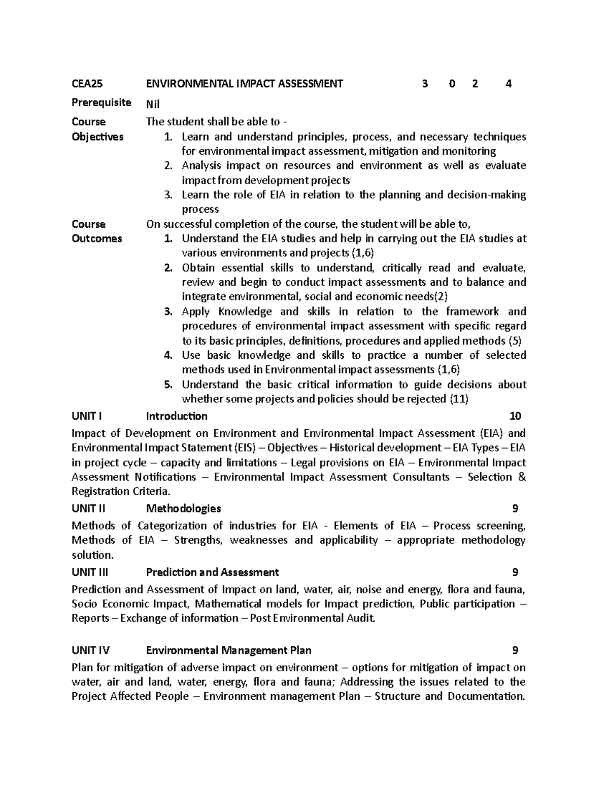 EIA-Syllabus - abcd - CEA25 ENVIRONMENTAL IMPACT ASSESSMENT 3 0 2 4 ...