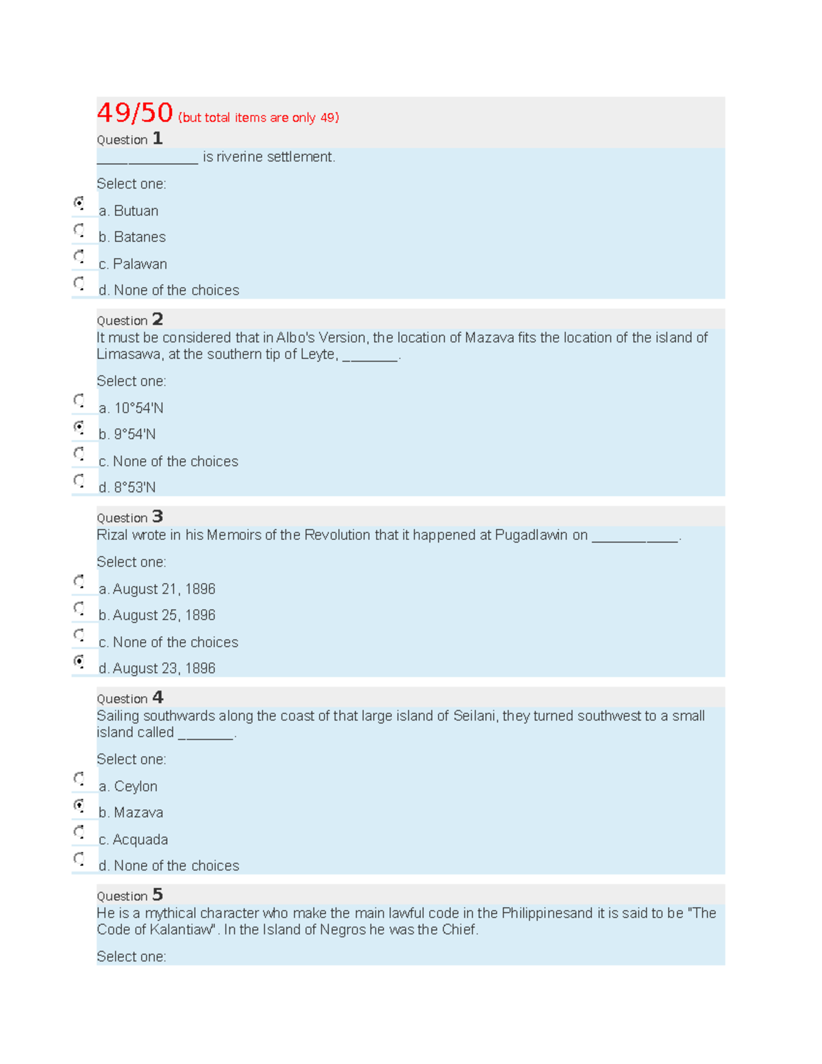 RPH Midterms 49 retry - Midterm exam - 49/50 (but total items are only ...