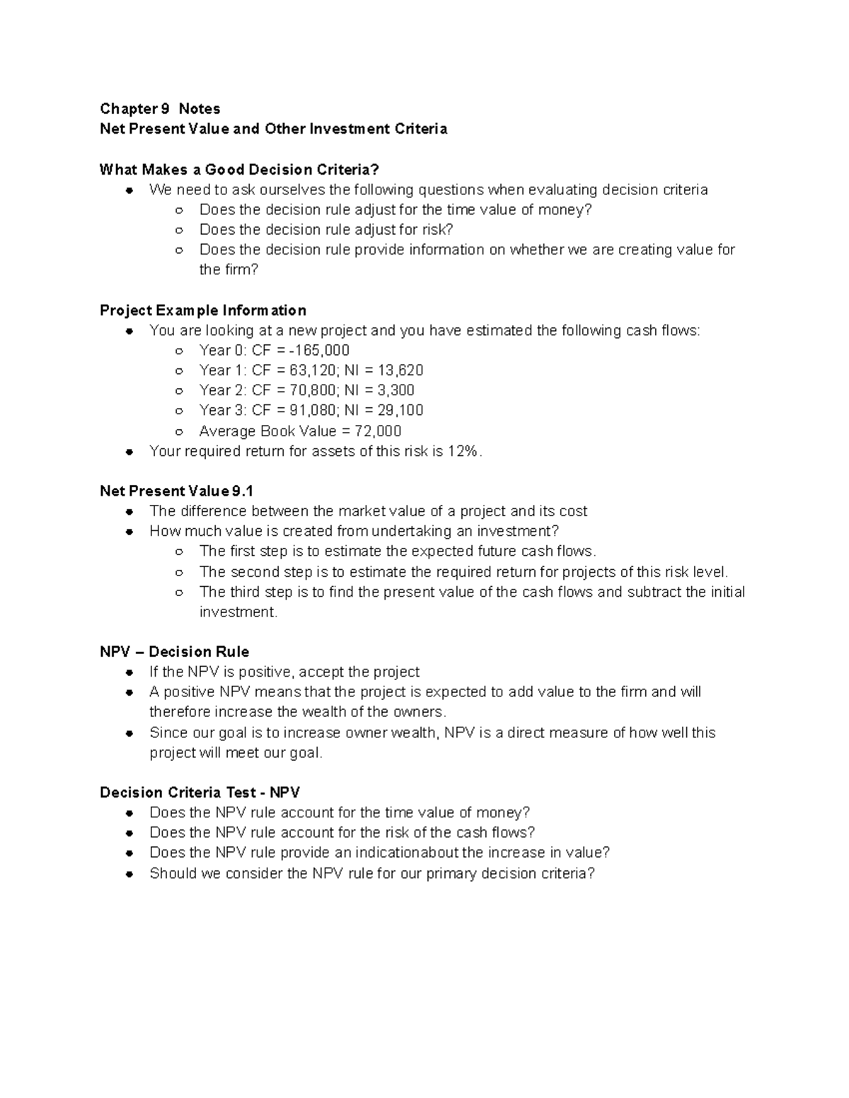 Chapter 9 - Net Present Value and other investment Criteria - Chapter 9 ...