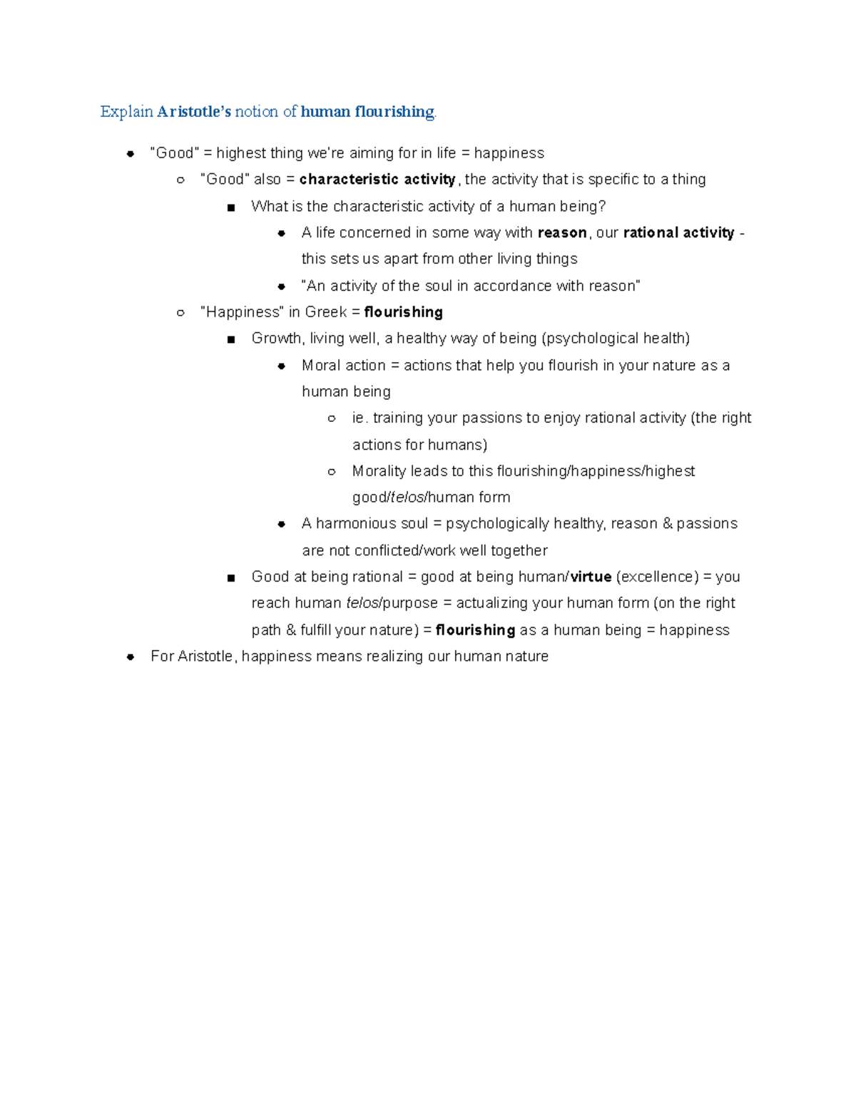 Midterm 1 Study Guide Part 2 Explain Aristotle’s notion of human