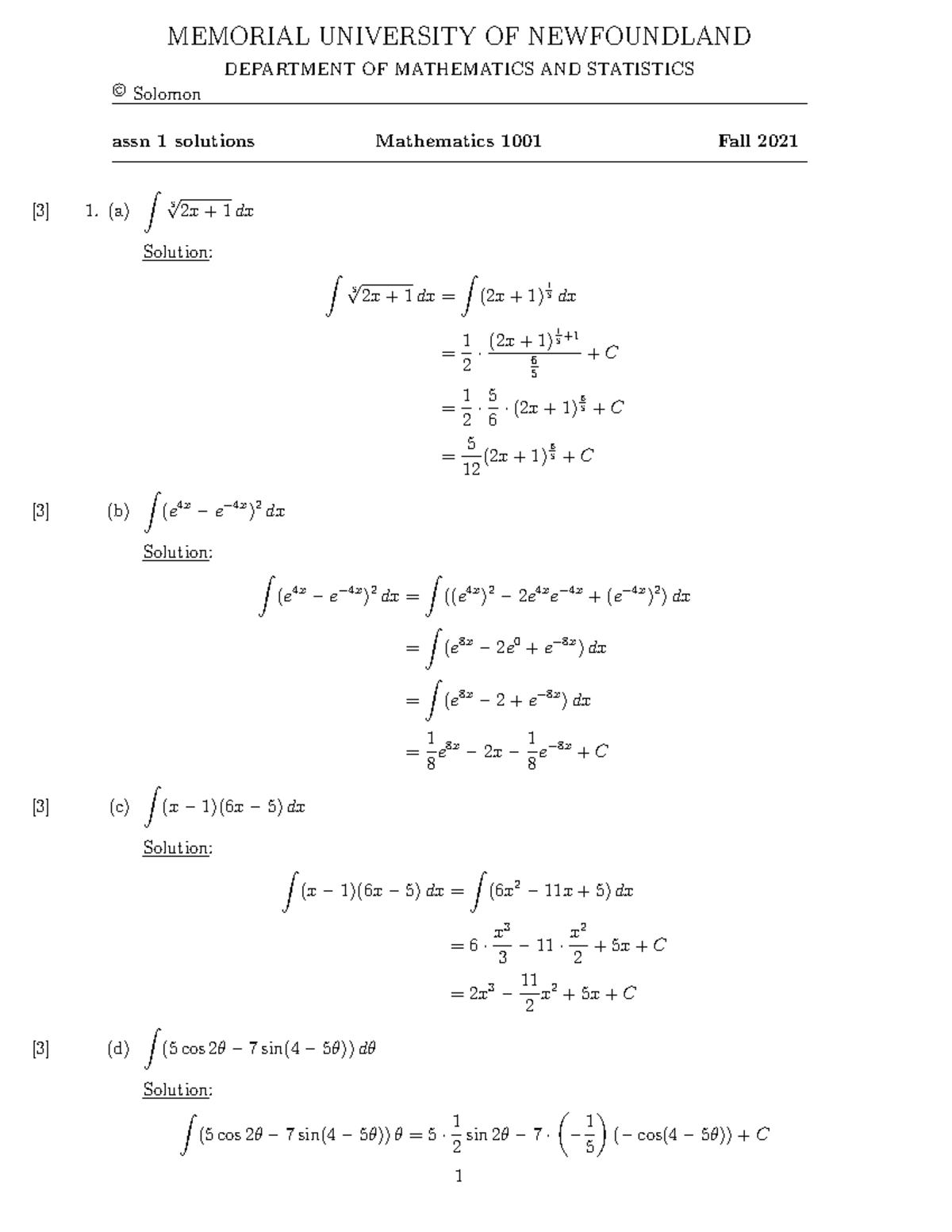 Assn1sol F21 - Assignment 1 solutions - © Solomon MEMORIAL UNIVERSITY ...