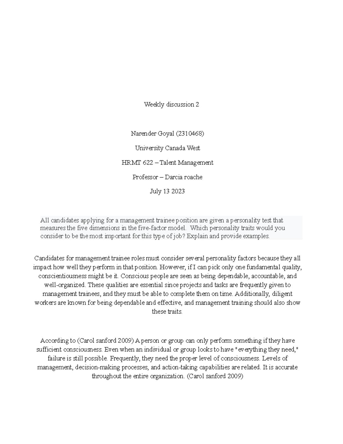 Weekly discussion 2 - HRMT 621 - UCW - Studocu