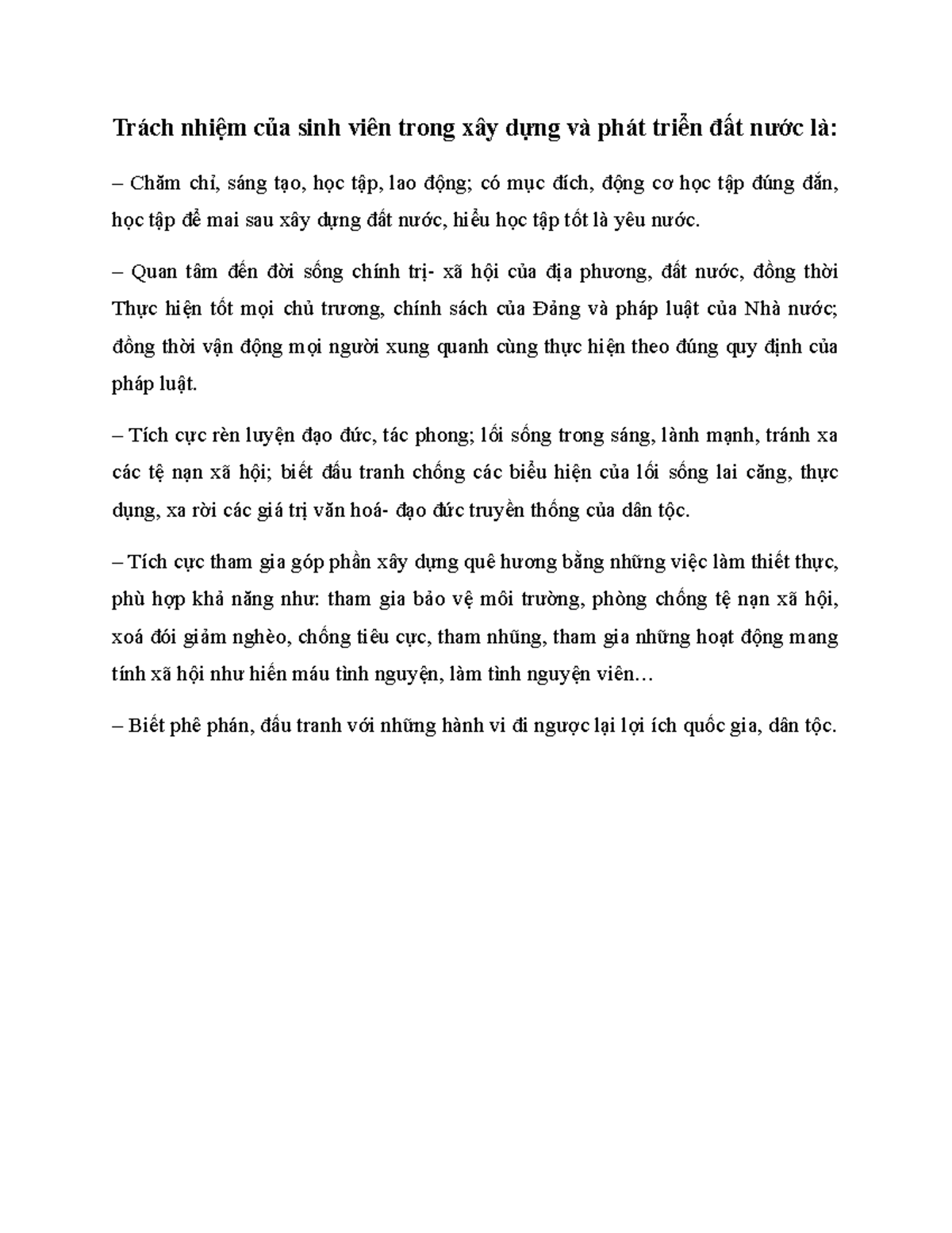 Trách nhiệm của sinh viên trong xây dựng và phát triển đất nước là - Trách nhiệm của sinh viên trong - Studocu