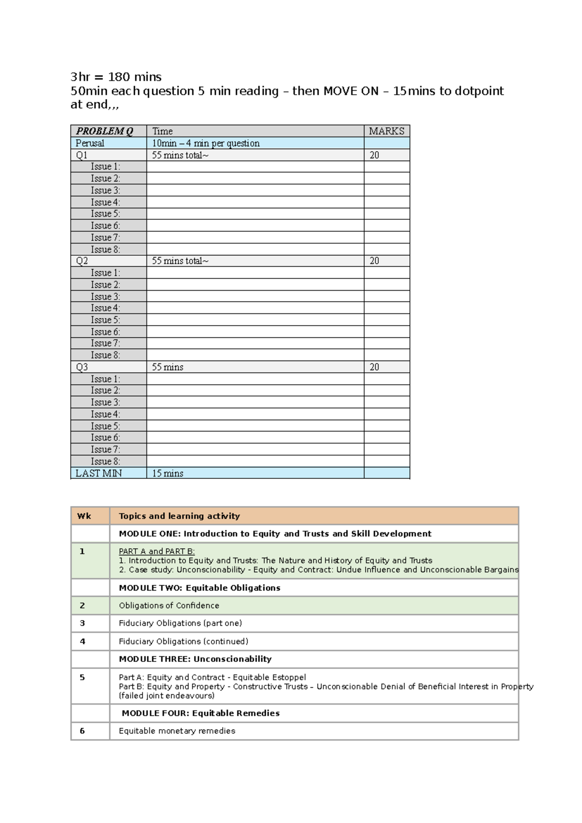 Exam Doc for timing~ - 3hr = 180 mins 50min each question 5 min reading ...