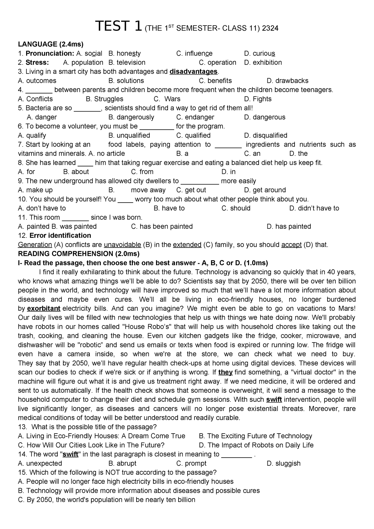 TEST-12-THE-1ST- Semester- Class-11-FOR- Students - TEST 1 (THE 1ST ...