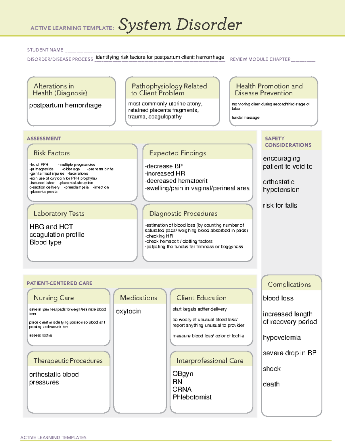 Postpartum Hemorrhage Ati Template ACTIVE LEARNING TEMPLATES System 