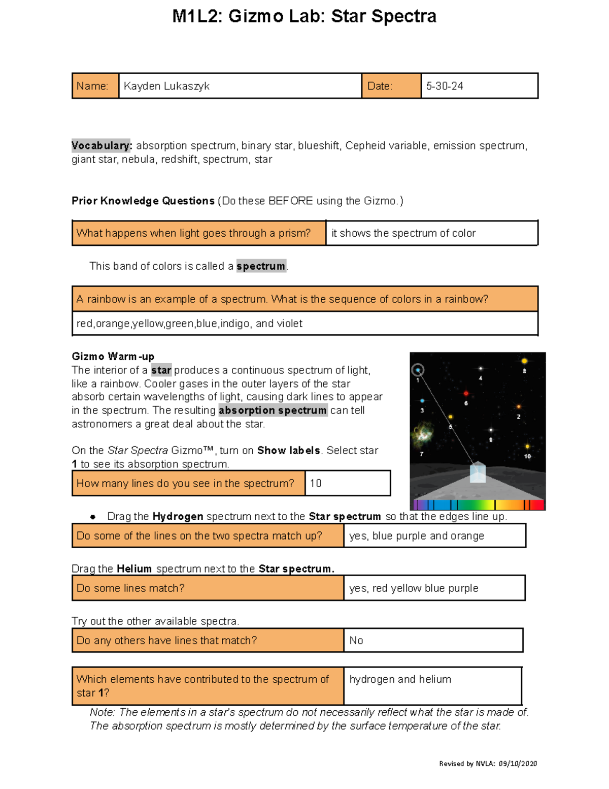 M1 L2 Gizmo Lab: Exploring Star Spectra and Classification - Name ...