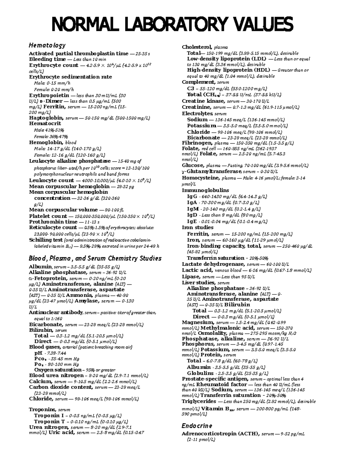 Normal lab values notes NORMAL LABORATORY VALUES Hematology