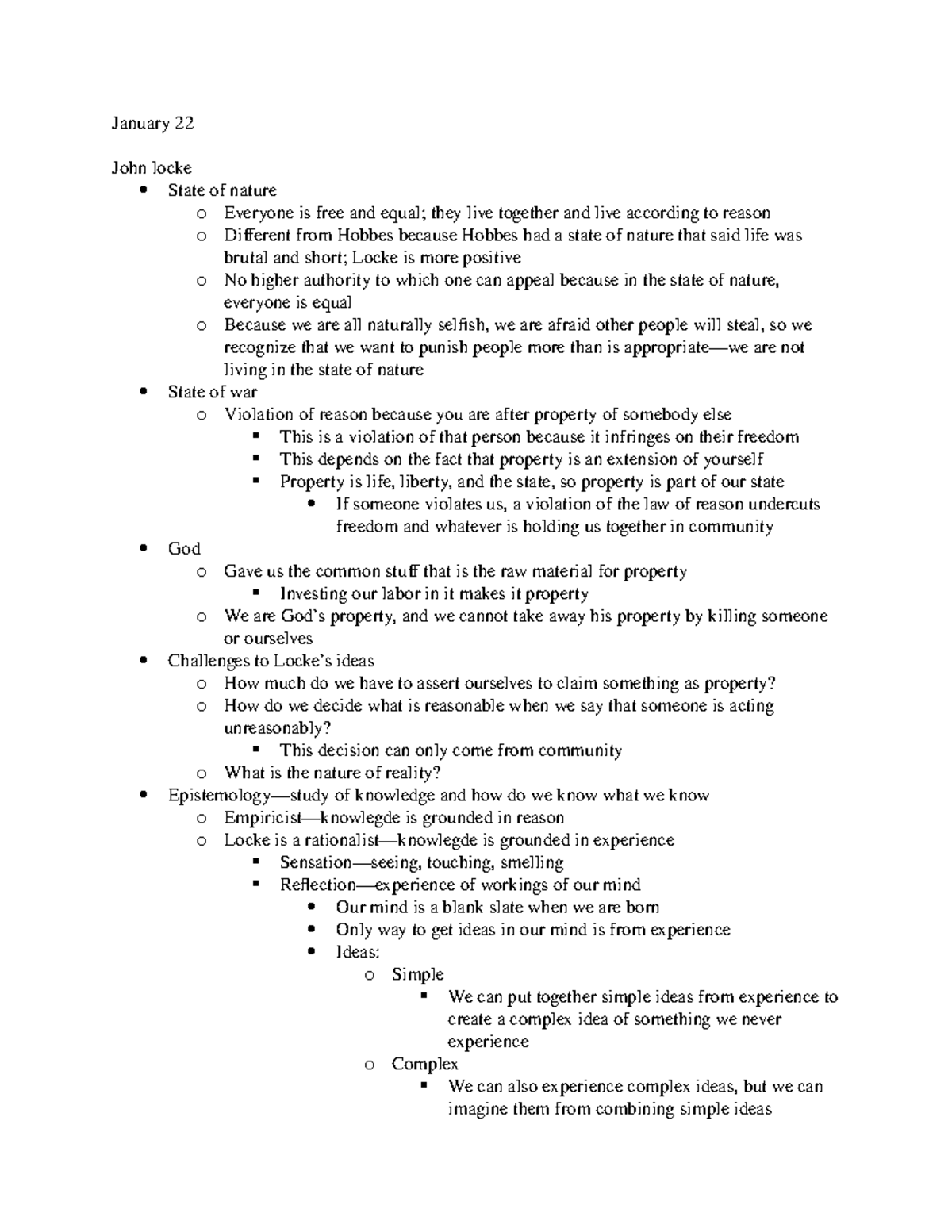 notes on john locke - January 22 John locke State of nature o Everyone ...