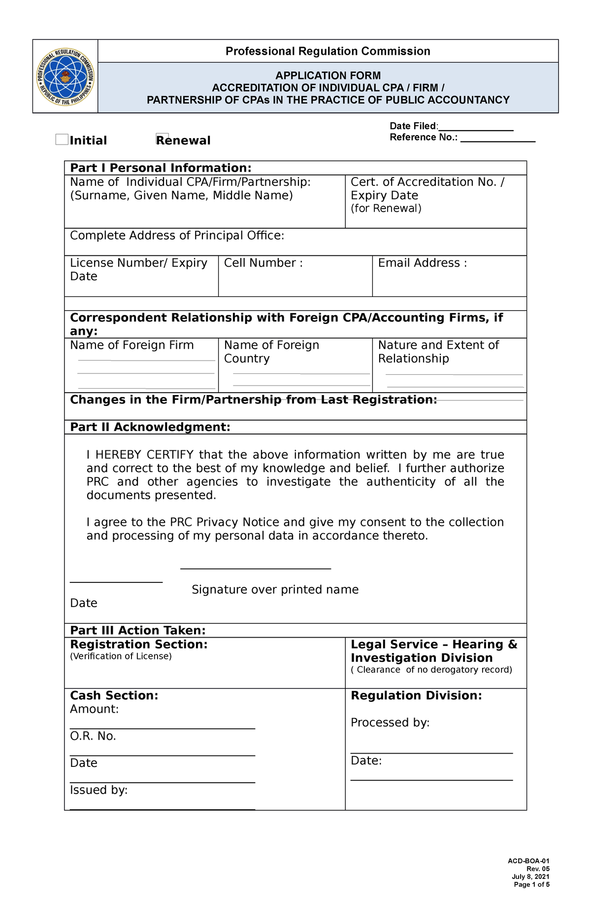 BOA1 2021 Rev 05 App Form Accreditation of Individual CPA Firm