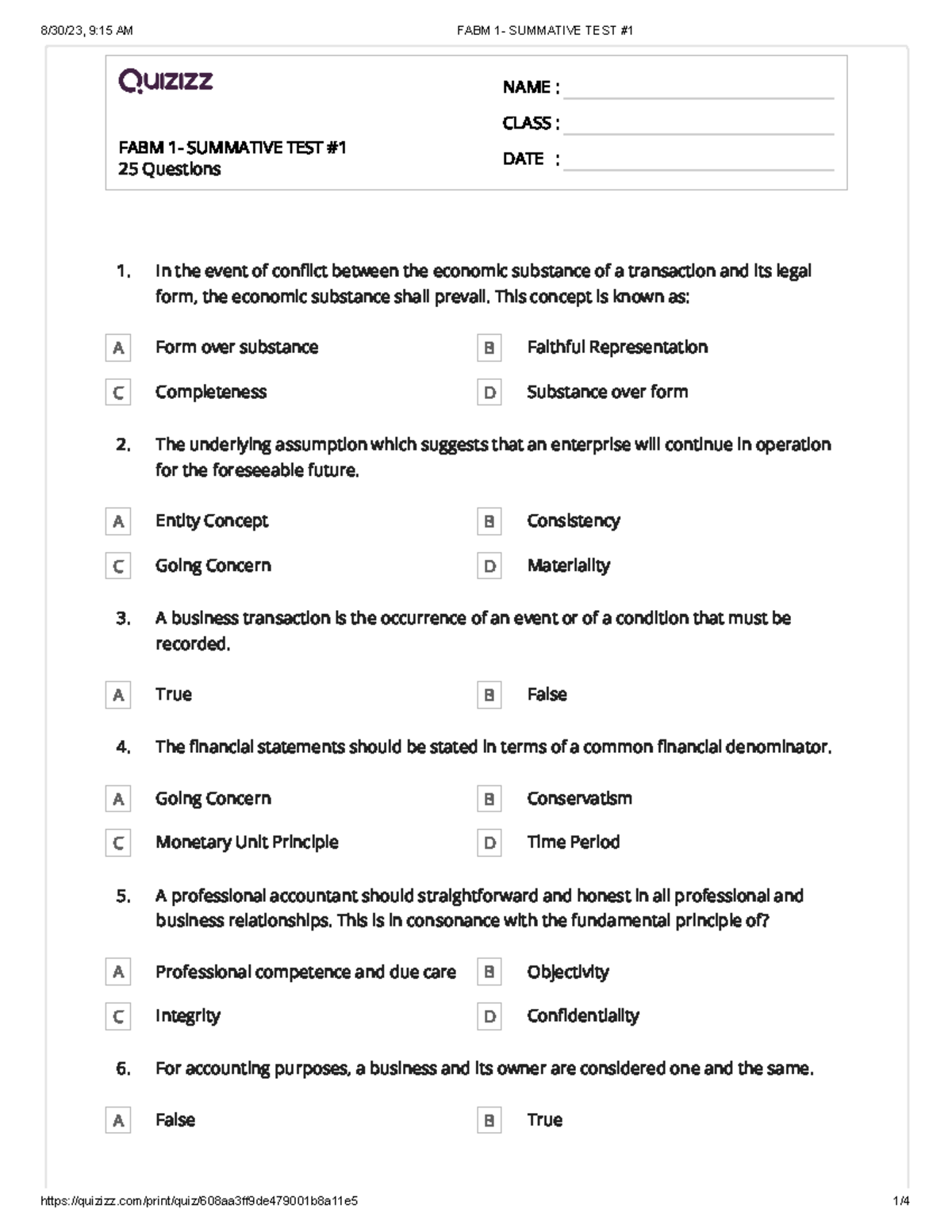 FABM 1- Summative TEST #1 - FABM 1- SUMMATIVE TEST 25 Questions NAME ...