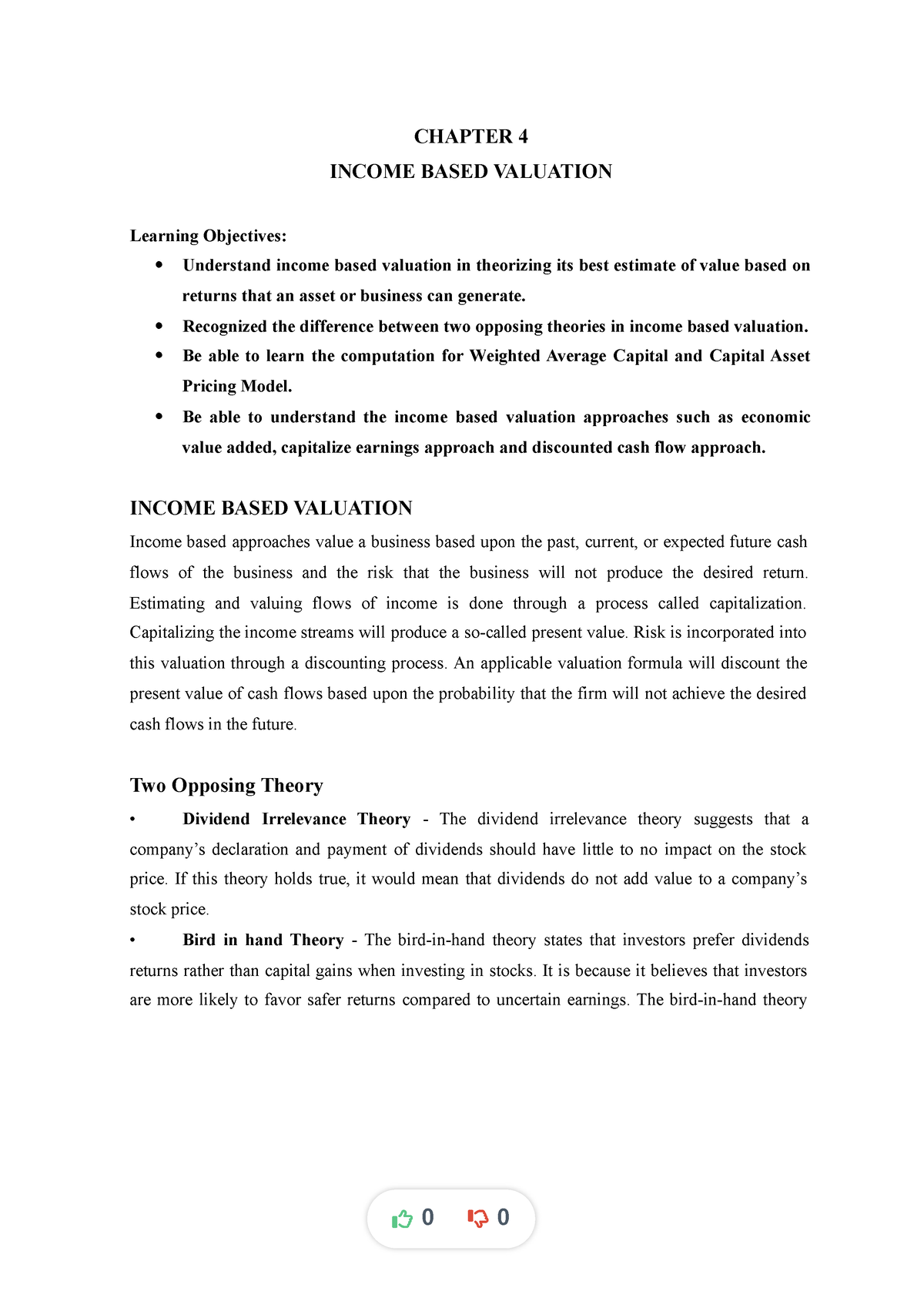 Chapter 4 - CHAPTER 4 INCOME BASED VALUATION Learning Objectives ...