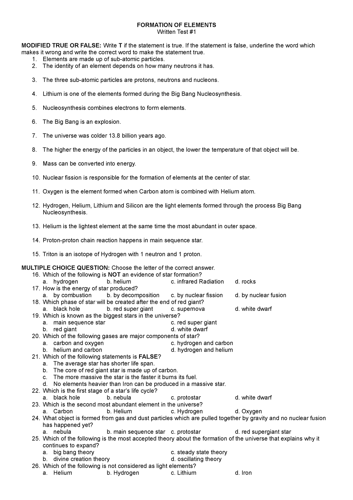 Physical Science ST 1 - Summative Test - FORMATION OF ELEMENTS Written ...