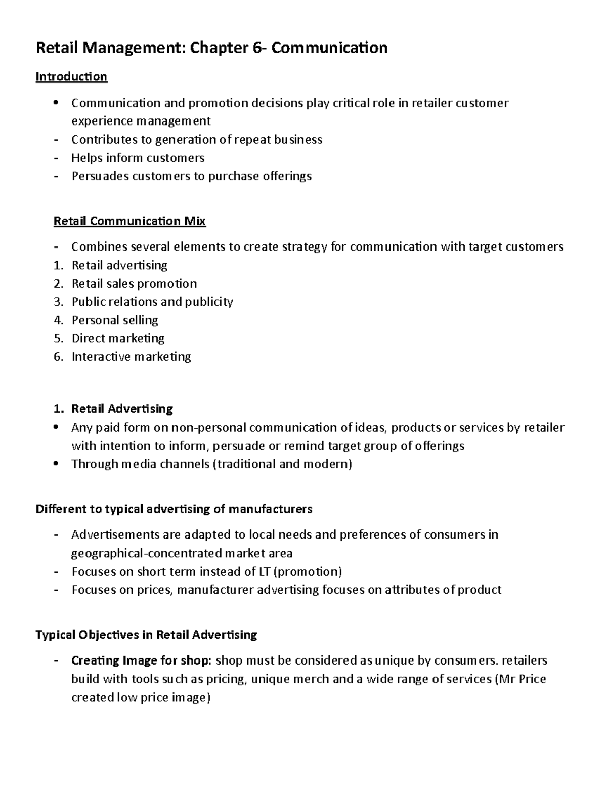 Lecture notes, lectures 1-4 - Communication - Retail Management ...