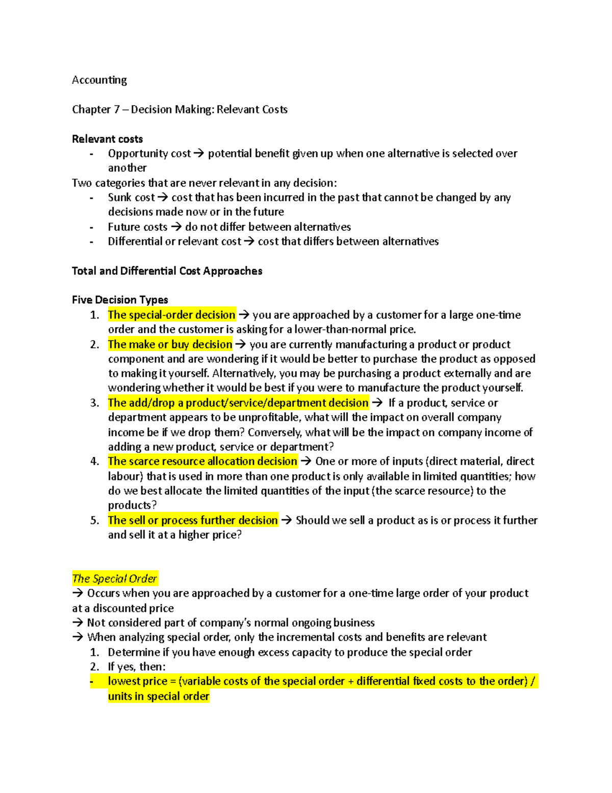 Chapter 7 Notes - Decision Making: Relevant Costs - Accounting Chapter ...