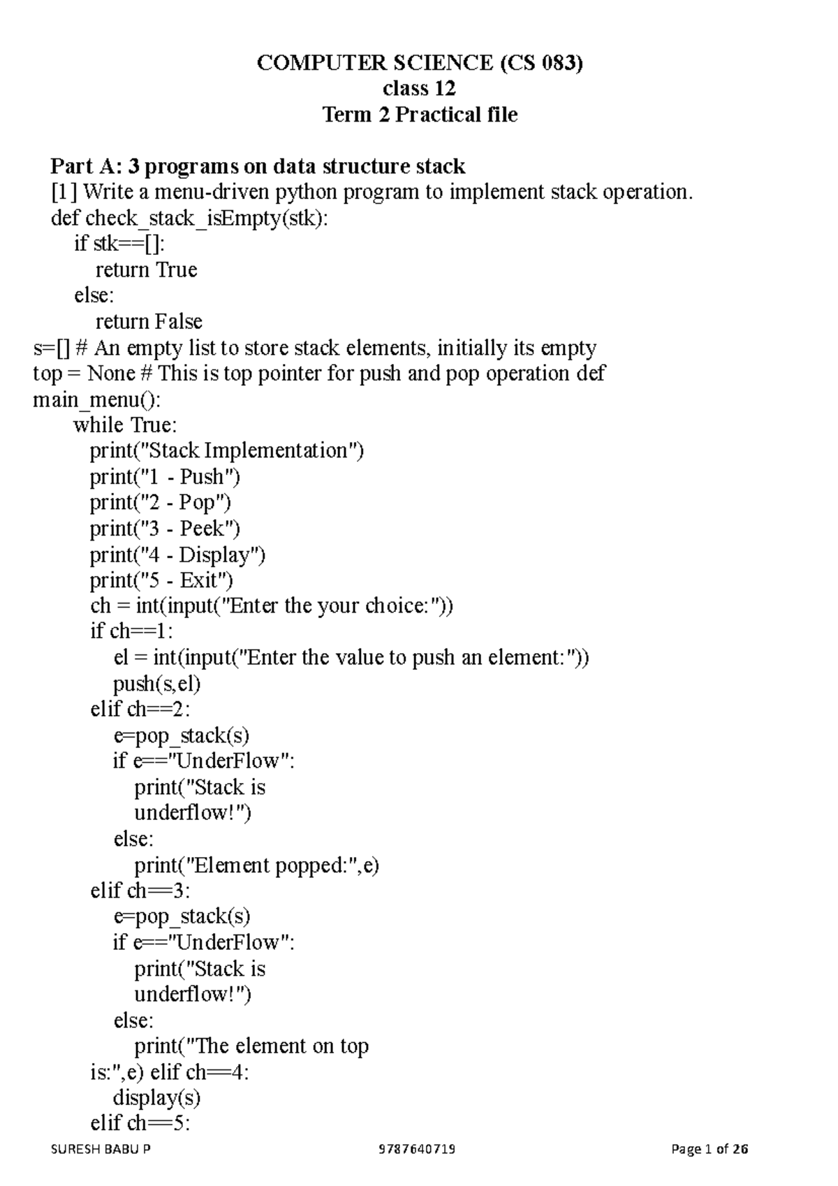 XII CS TERM 2 Practical FILE 2 - SURESH BABU P 9787640719 Page 1 of 26 ...