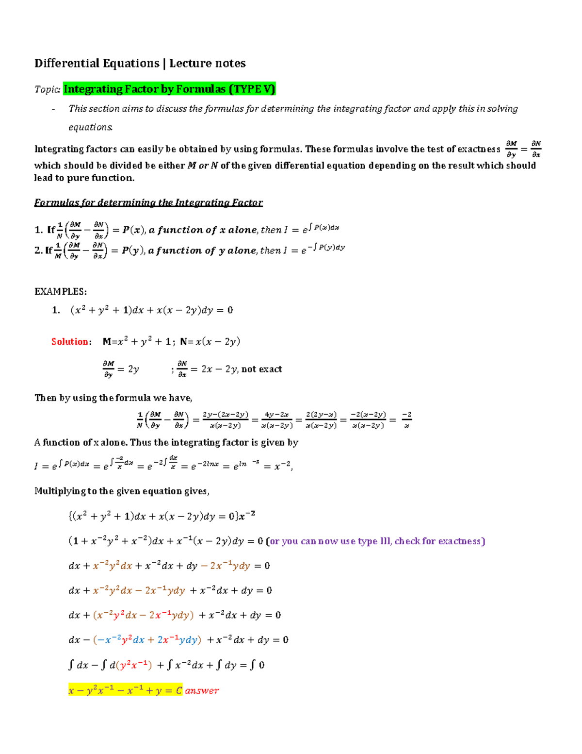Integrating Factor by Formulas (Differential Equations notes ...