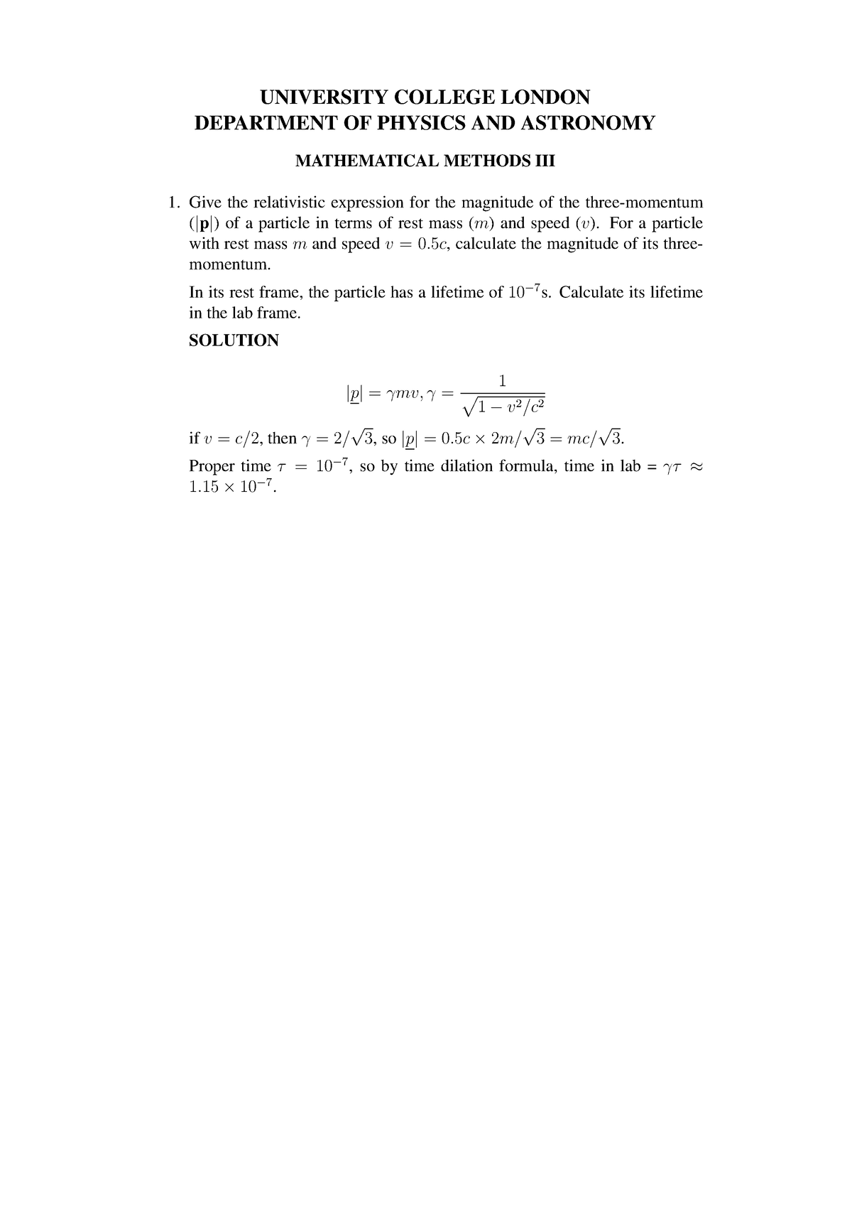 Special Relativity Solutions - UNIVERSITY COLLEGE LONDON DEPARTMENT OF ...