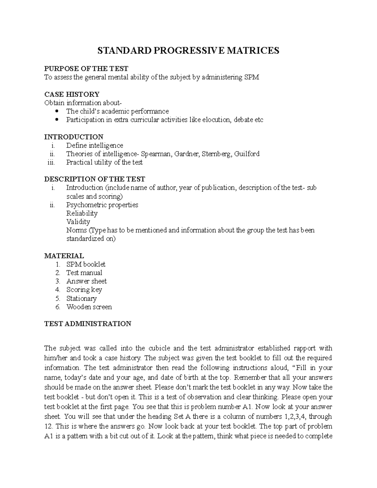 SPM Demo sheet practical STANDARD PROGRESSIVE MATRICES PURPOSE OF