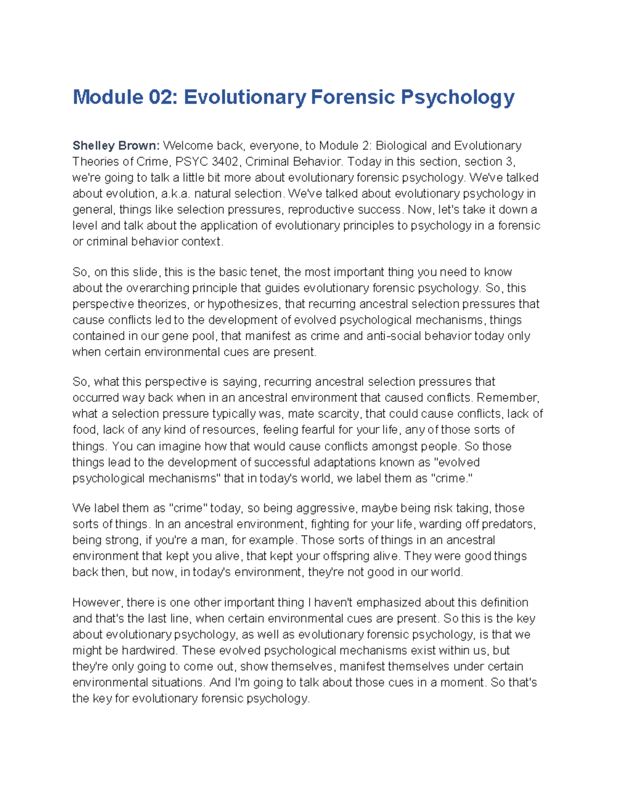 Module 02 Evolutionary Forensic Psychology - Module 02: Evolutionary ...