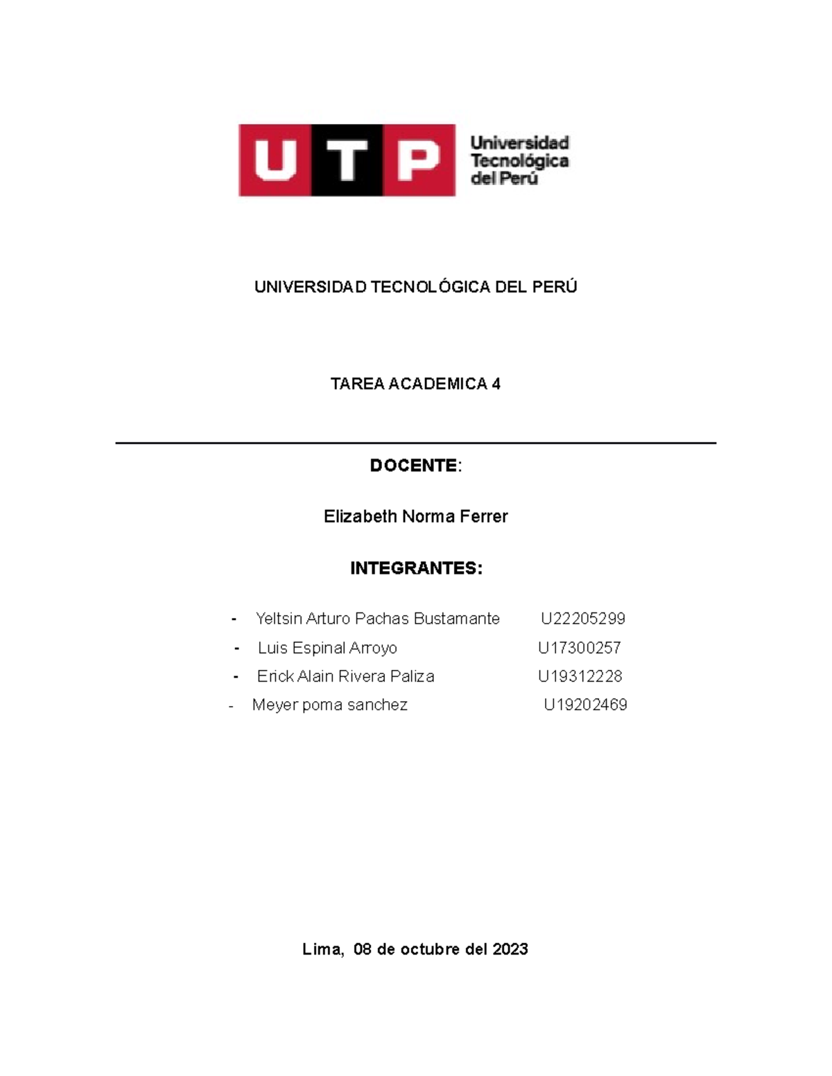 Tarea 04 Grupo 2 - UNIVERSIDAD TECNOLÓGICA DEL PERÚ TAREA ACADEMICA 4 ...