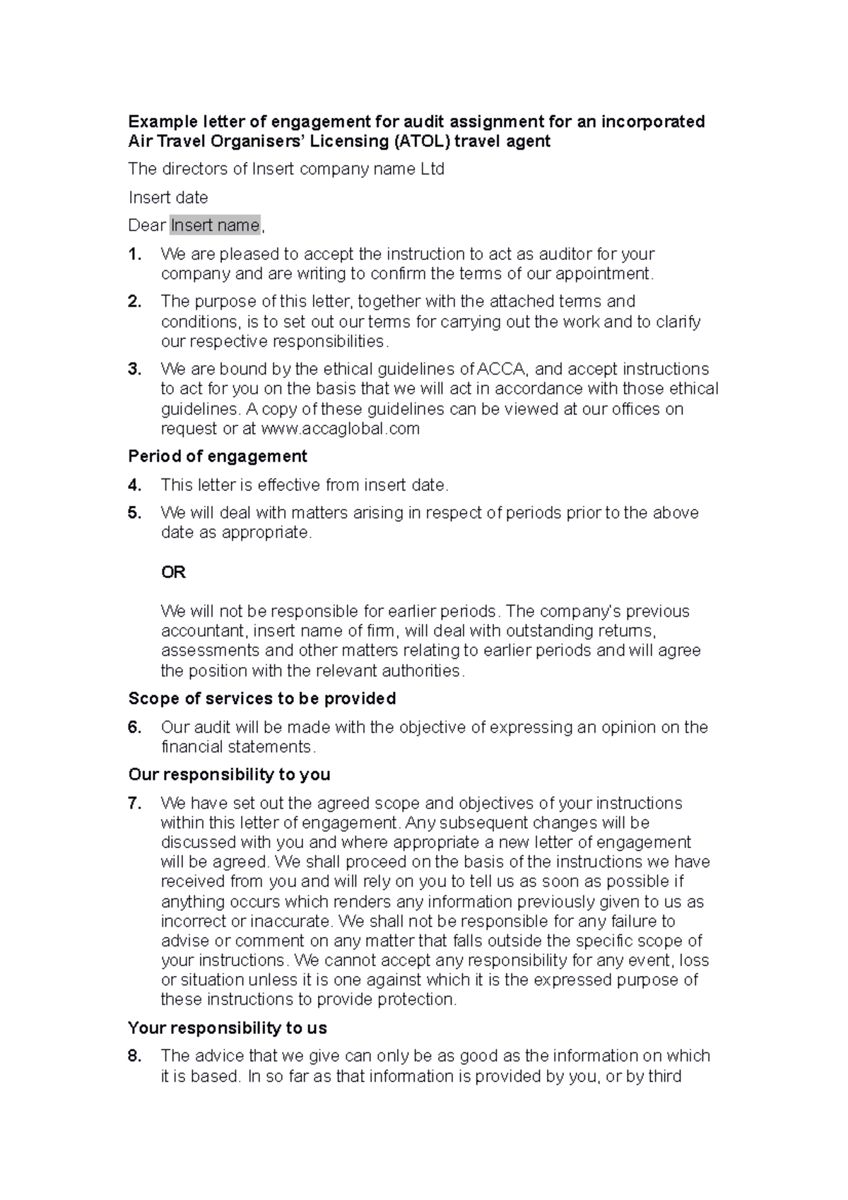 Atol incorporated - Example letter of engagement for audit assignment ...